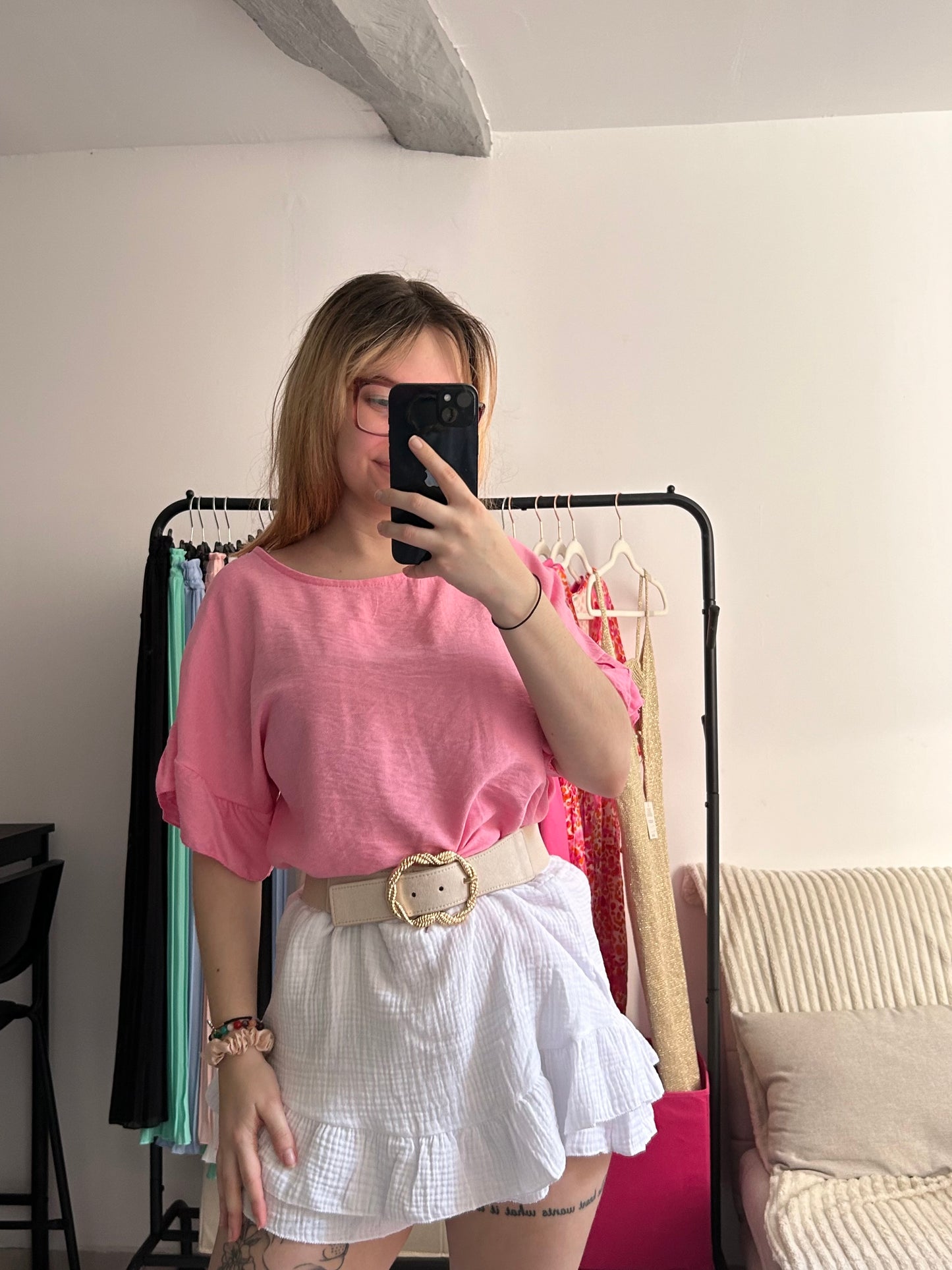 Top rose manches volantes