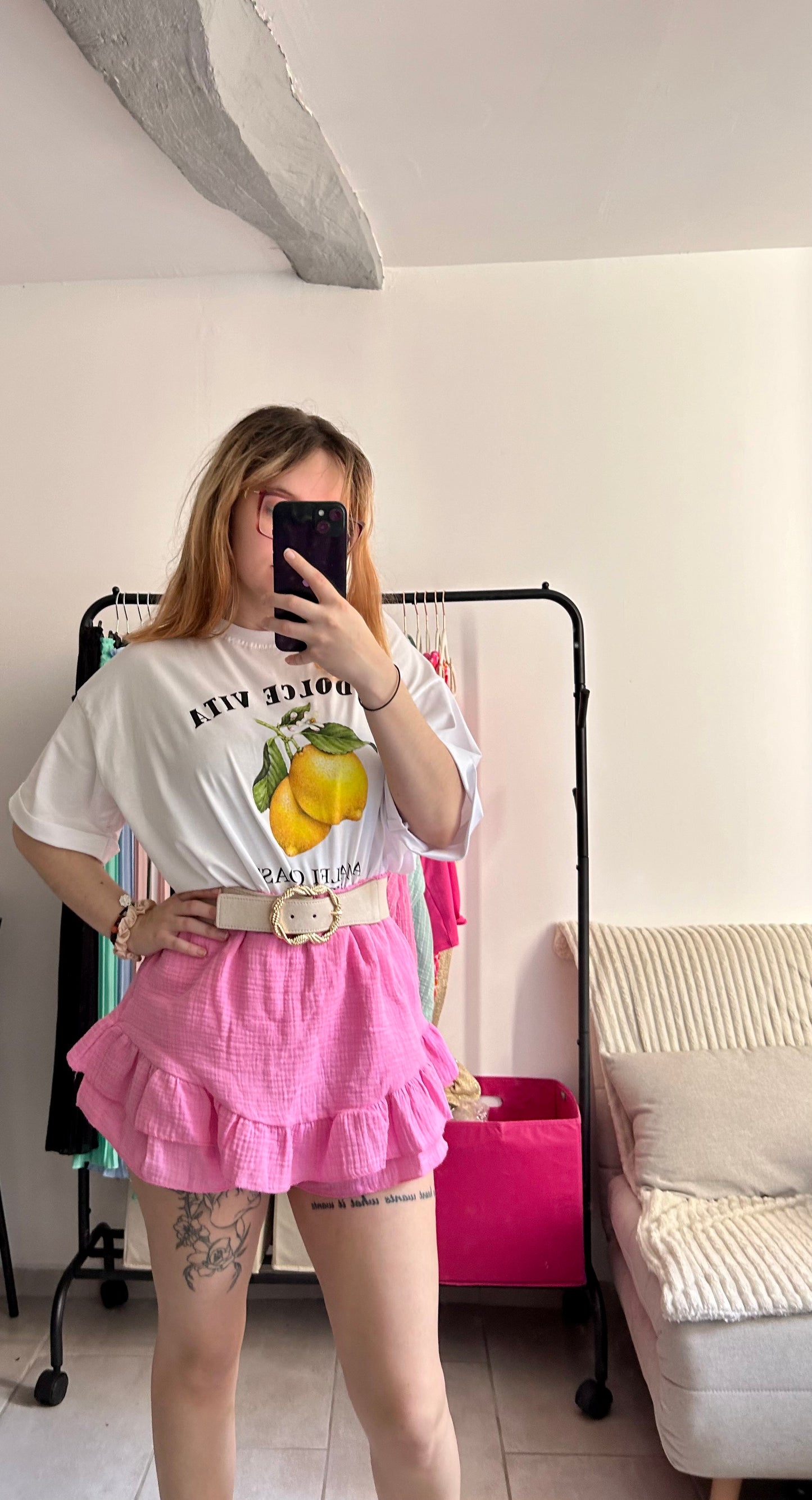 Short rose en gaze de coton