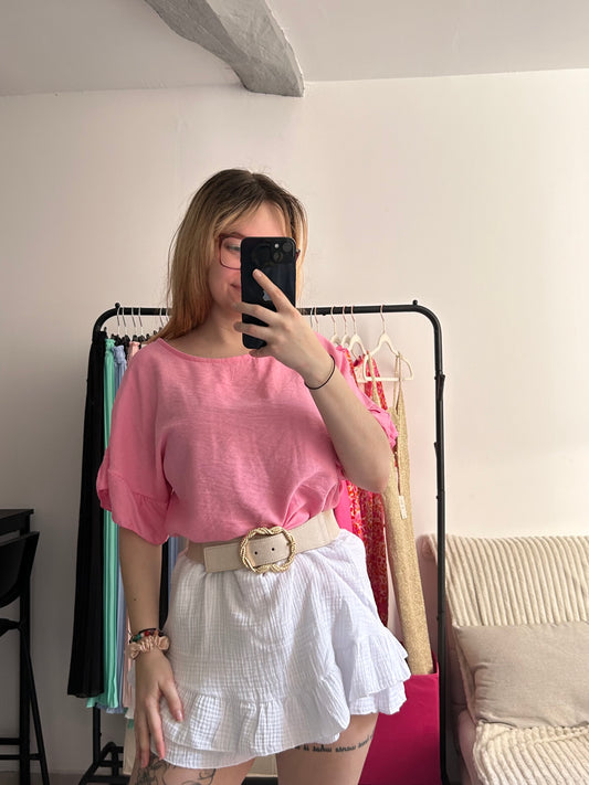 Top rose manches volantes